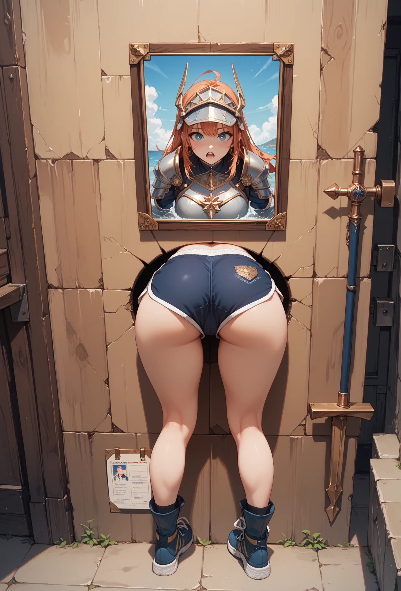 1 girl, illustration, game cg, absurdres, best quality, ryza, atelier, alchemist, ass view, picture in a frame, lace panties, (glory wall pose:1.3), collarbone, beret, large breasts
