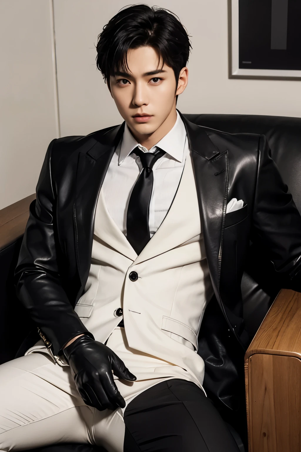 a slim muscular, Full body shot of a handsome K-pop male idol in white suit and tie and black leather gloves. lie down in office sofa. tempting.sexy.try to rape.realistic high quality .intricate detail face , ultra high res, uhd. Hyper-realism. a look of holding back pain