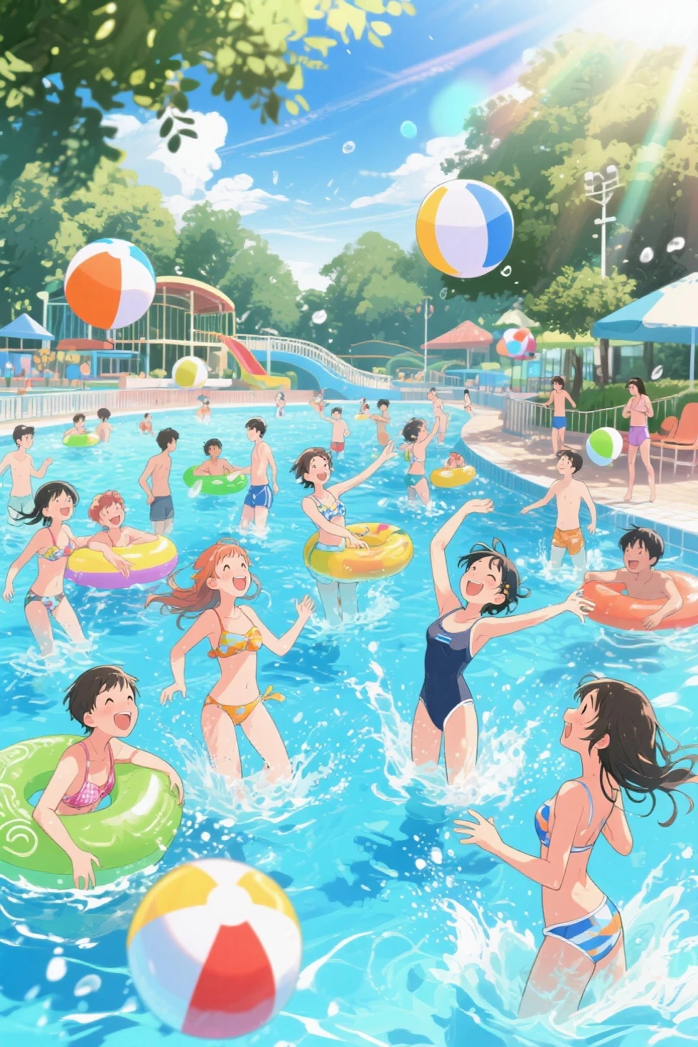 ((Masterpiece)), ((Best Quality)), (Very Detailed), ((Very Detailed)), 4K, (8K), very aesthetic, absurdres highres, Multiple men and women playing energetically in the pool. They are having a party by the pool. They are wearing swimsuits and are jumping into the pool and swimming. The sky is blue and the sun is shining, deck chairs and umbrellas line the poolside. The participants are smiling, splashing and playing, and green trees and flowers can be seen in the background. The sunlight reflects on the water surface, creating a lively scene overall.