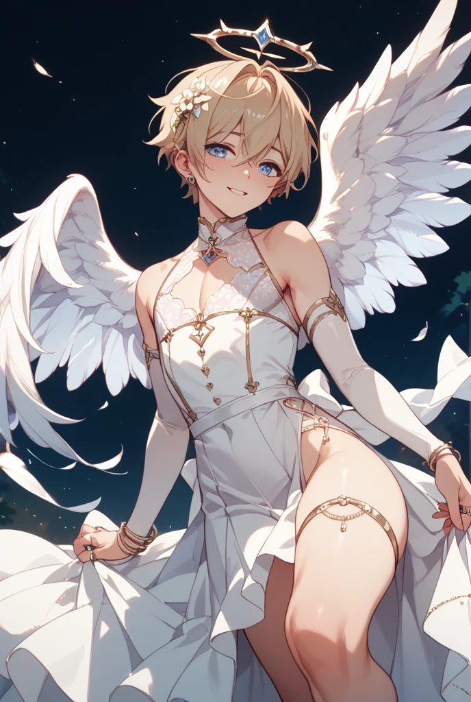 (((1girl))), ((best quality)), ((masterpiece)), ((ultra-detailed)), (illustration), (detailed light), (an extremely delicate and beautiful), (beautiful detailed eyes), (sunlight), ((extremely light)),  ((extremely clothes)), (((hyper detail))),(((((front lighting))))),(((((front light))))),

((((quite adorable crystal white dress)))),
, (((angel))),(((angel wings))),(((angel halo))),

wavy short manish bob, ((((yellow gold hair)))), (((short hair))),
(((pure red eyes))), 

(((whole body))), aged 13 to 16, 
(((condescending expression))), (mischievous smile with sexual satisfaction),  (((extra adorable))), (((extra slender shape))), 
(((extremely beautiful detailed face))),

(((sitting with a leg up))), (((((Dutch angle))))),(((crystal white panties))),

((())),
(((extremely thin thighs))), (((white stockings)))