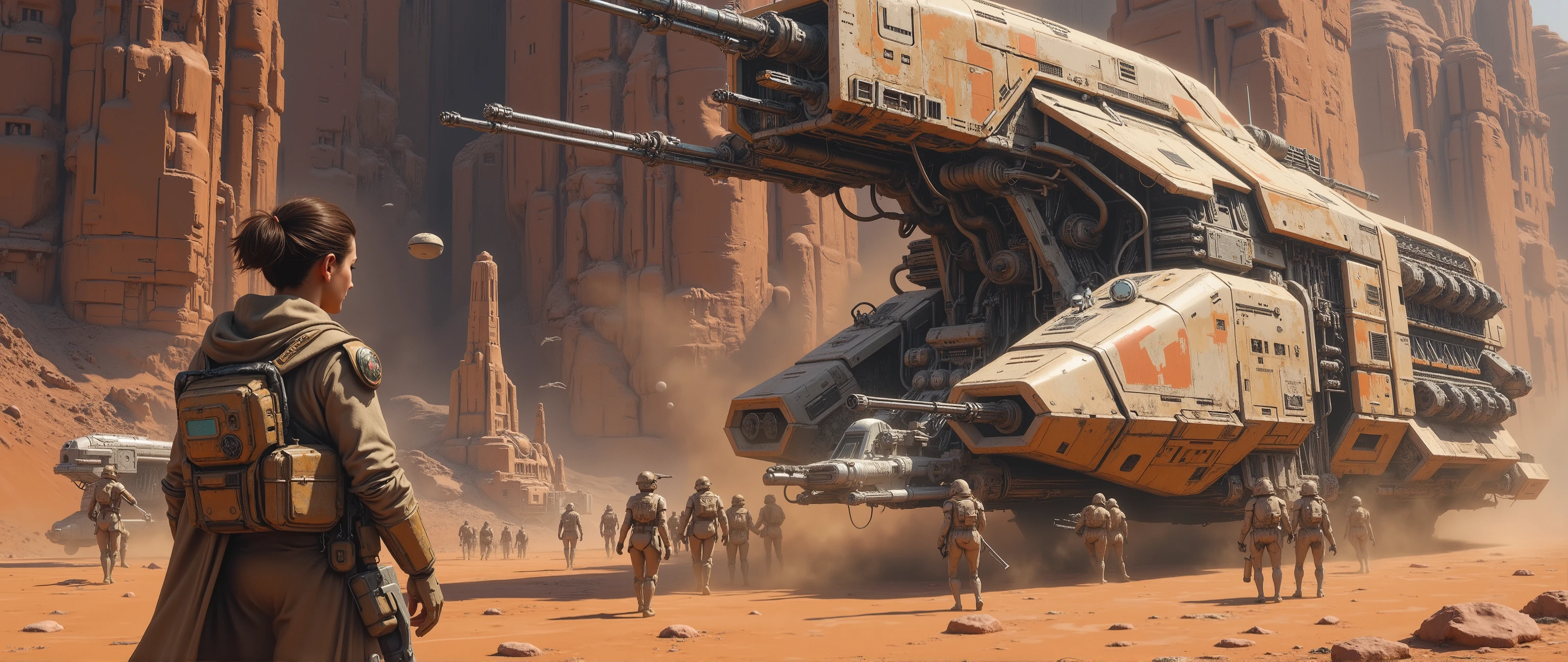 epic oil painting , 16 thousand., artistic masterpiece , correct gravity , science fiction , 10, 000 years of the Galactic Republic , , is a very futuristic landscape with fantastic combat vehicles and mechanisms , } the motives of the spaceship of the first galactic war , John Lucas Star Wars Universe , incredible detail, all the small details are drawn , meaningful story from the books "Star Wars" , the epic landing of an army of heavy armored mechanized scouts in high-speed vehicles with railguns in the hands of women's legions of death, carrying out a punitive mission , portrait of a centurion general wearing cybernetic holographic glasses , wind blows hair