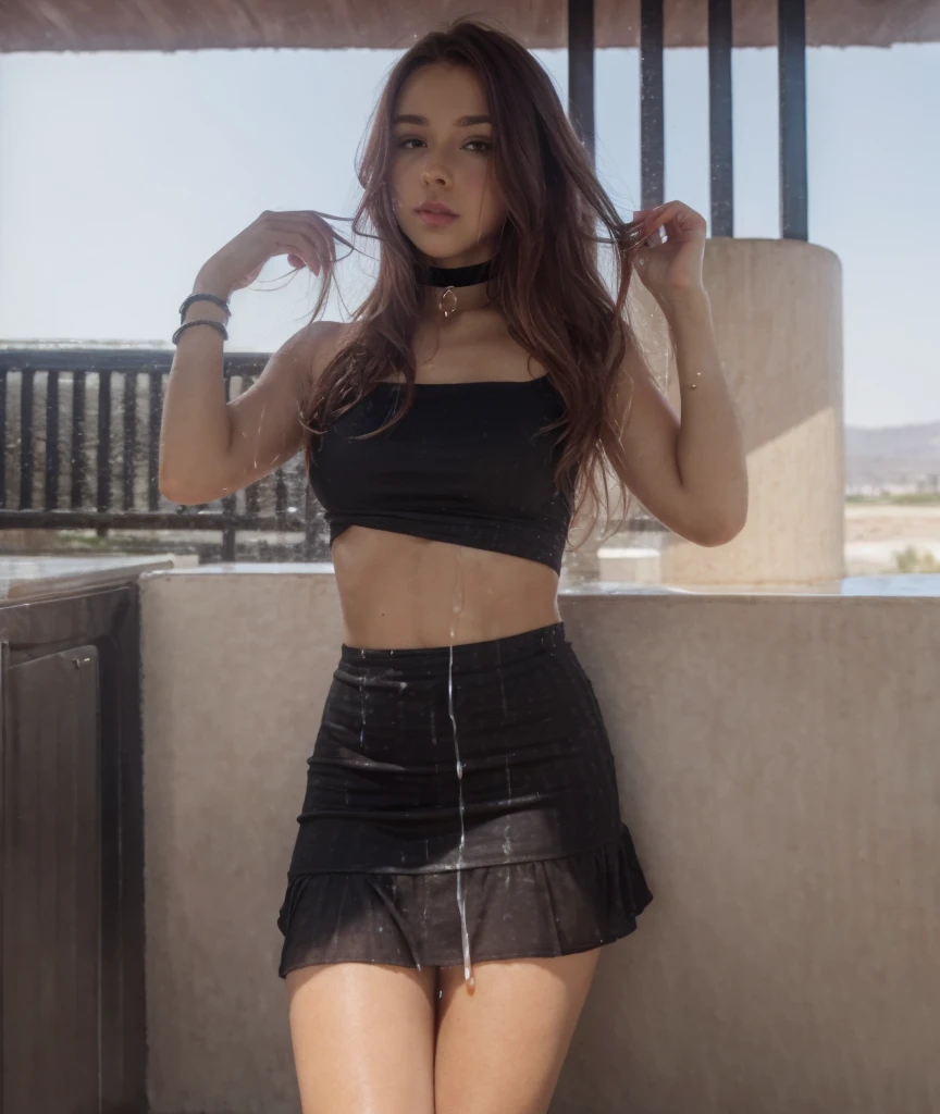 Avril Lavigne dressed in a black shirt and tight black shorts