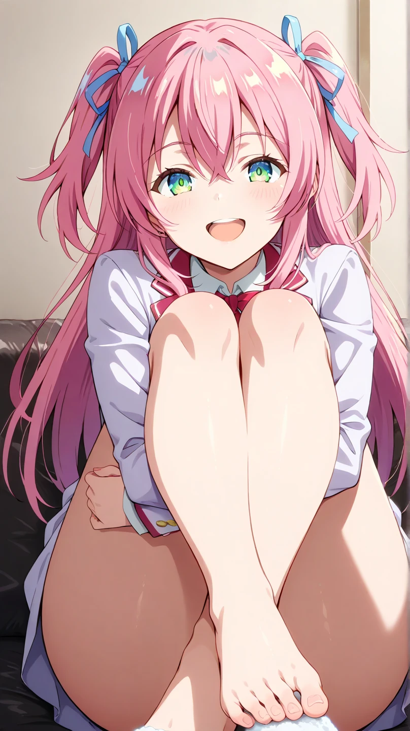 Anime background art, bottom of room, one bed, lying on a bed, beautiful anime scenes, 4K anime art wallpaper, 4k anime art wallpaper, Rosla global illumination, anime girl, best quality, detailed, 1 girl, alone, same as LORA, same as lora, closed mouth, smile, pink hair, long hair, two pigtails hairstyle, defined eyes, pink eyes, looking at viewer, perfect face, perfect eyes, nude, naked, completely naked, showing her vagina, perfect vagina, open legs, open vagina, perfect anus, see vagina, naked vagina.