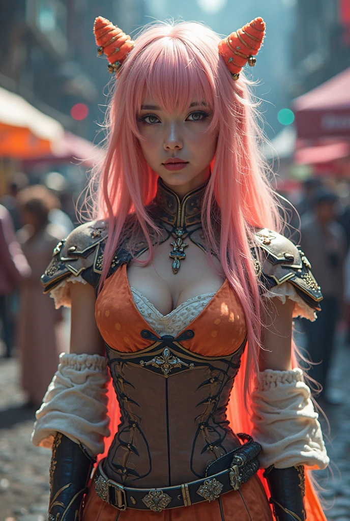 best quality, masterpiece, oral rape, upper body, woman, ruined makeup, blonde hair blown in the wind, shining eyes, steampunk nude style, thin clothes, pink clothes, pink hair, (cum on breasts:1.2)