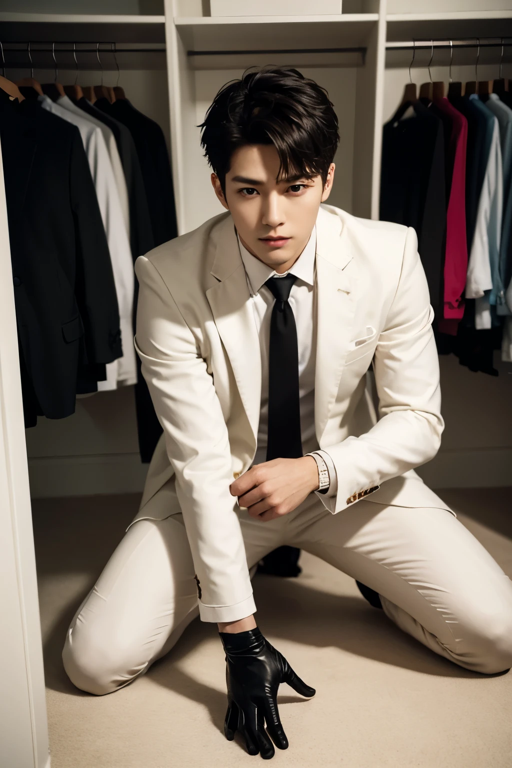 a slim muscular, Full body shot of a handsome K-pop male idol in white suit and tie and black leather gloves. lie down in closet. tempting.sexy.try to rape.realistic high quality .intricate detail face , ultra high res, uhd. Hyper-realism. a look of holding back pain