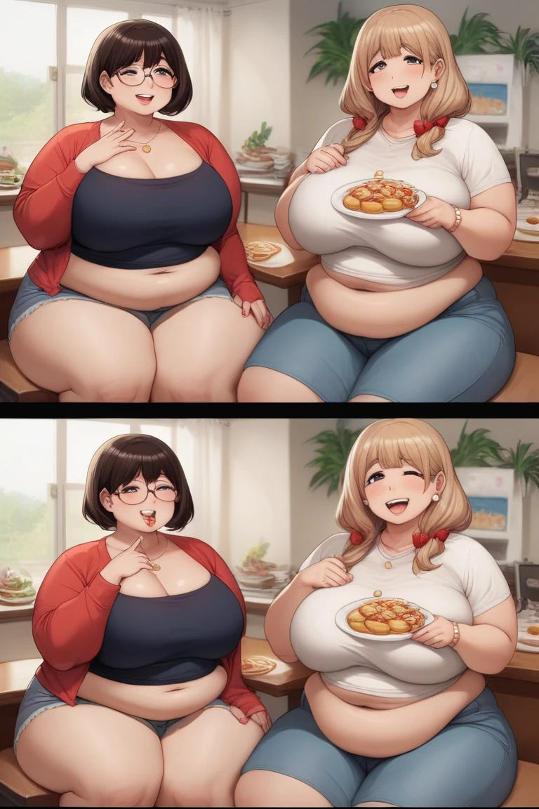 TWO WOMEN IN BIKINIES AT THE BEACH EATING HOT DOGS