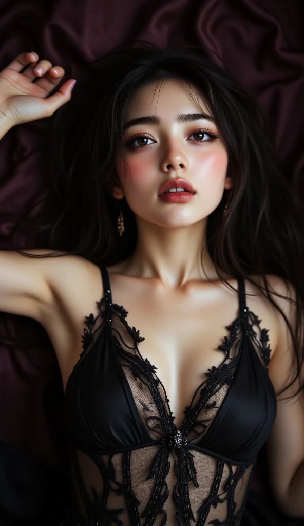 highest quality, epic realistic, ((in the pitch black darkness :1.4)), (()),(background: dark ) high contrast ,glorious picture, lowest lux, lighting face, she's comfortable, wearing white lingerie, looks incredible, (8k, Raw photo, Highest quality),(epic realistic:1.5), a woman, face,(detailed eyes:0.8),(looking at the camera:1.4), (Highest quality), ( high contrast, deep shadows),Intricate details,cinematic,((skin:1.4)), (long dark hair:1.3), long hair, messy ,(Hdr:1.5),Detailed, colors, Superior quality, Masterpiece, Raw Photo (20-year-old, looking at viewer), beautiful, (wearing underwear,), perfect, natural, perfect composition, portrait, perfect face, smiling expression, Captivating eyes, Bright details, Tight lips, (High Skin Detail),, (blue tint: 0.6), (sale: 0.8), (bloody: 0.7), Key lighting , (backlight: 0.5), Medium depth of field, Canon 5d, 50mm lens, f/4 apertures, (Ultra-detailed, Complex detail), sharp focus, soft colors, 8k, Absurd, 80mm, dark background, photography, smiling, small round breasts ,
