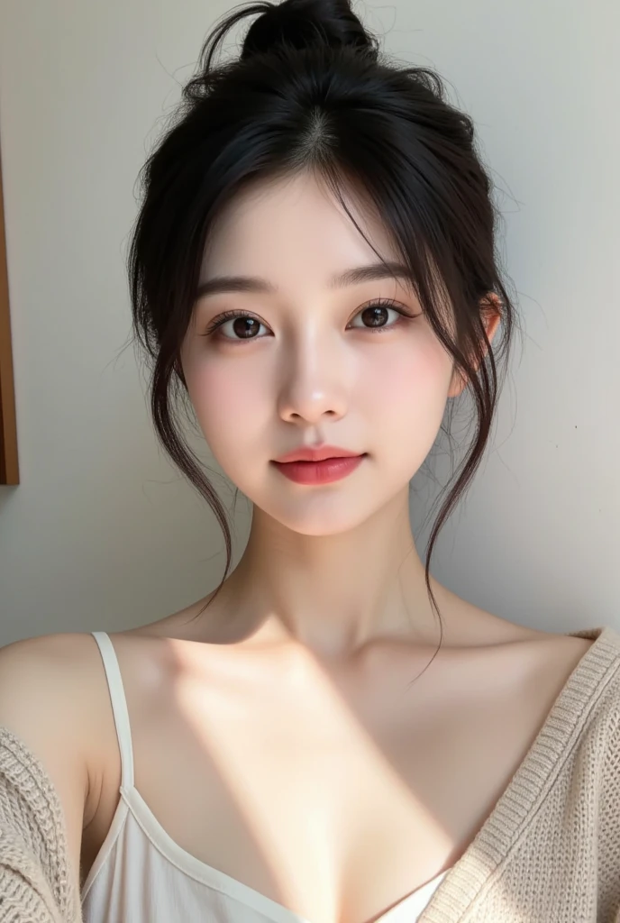 ((best quality)), ((masterpiece)), (detailed), perfect face. Asian girl. Selfie. Tanktop. Bedroom Wall. Low lighting.
