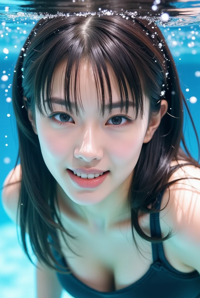 (Tabletop:1.3), (8K, Realistic, RAW Photos, Highest quality: 1.4), Japanese, (One Girl), Beautiful Face, (Realistic face), (Black Hair), Beautiful hairstyle, Realistic eyes, Beautiful attention to detail, (Realistic skin), Beautiful Skin, Charm, 超High resolution, 超Realisticな, Very detailed, Golden Ratio,. (3. Gills:1.5), (Sony Alpha 1, 50.1 megapixel full-frame CMOS sensor, 8K video recording function), (telescope lens), (Realistic),(8K, 超High resolution, Highest quality, Tabletop:1.2),Super detailed,Beautifully detailed face, Complete Anatomy,(Beautiful attention to detail:1.3),smile,Very delicate and beautiful, Very detailed, Hmph, Unity, 8K Wallpaper, wonderful, In detail, Super detailed, High resolution, Very detailed, Very detailed目と顔,Wet, ((Luxury:1.1)),((Colorful micro bikinis:1.1)), [ponytail],(Big Breasts, Cleavage.3),