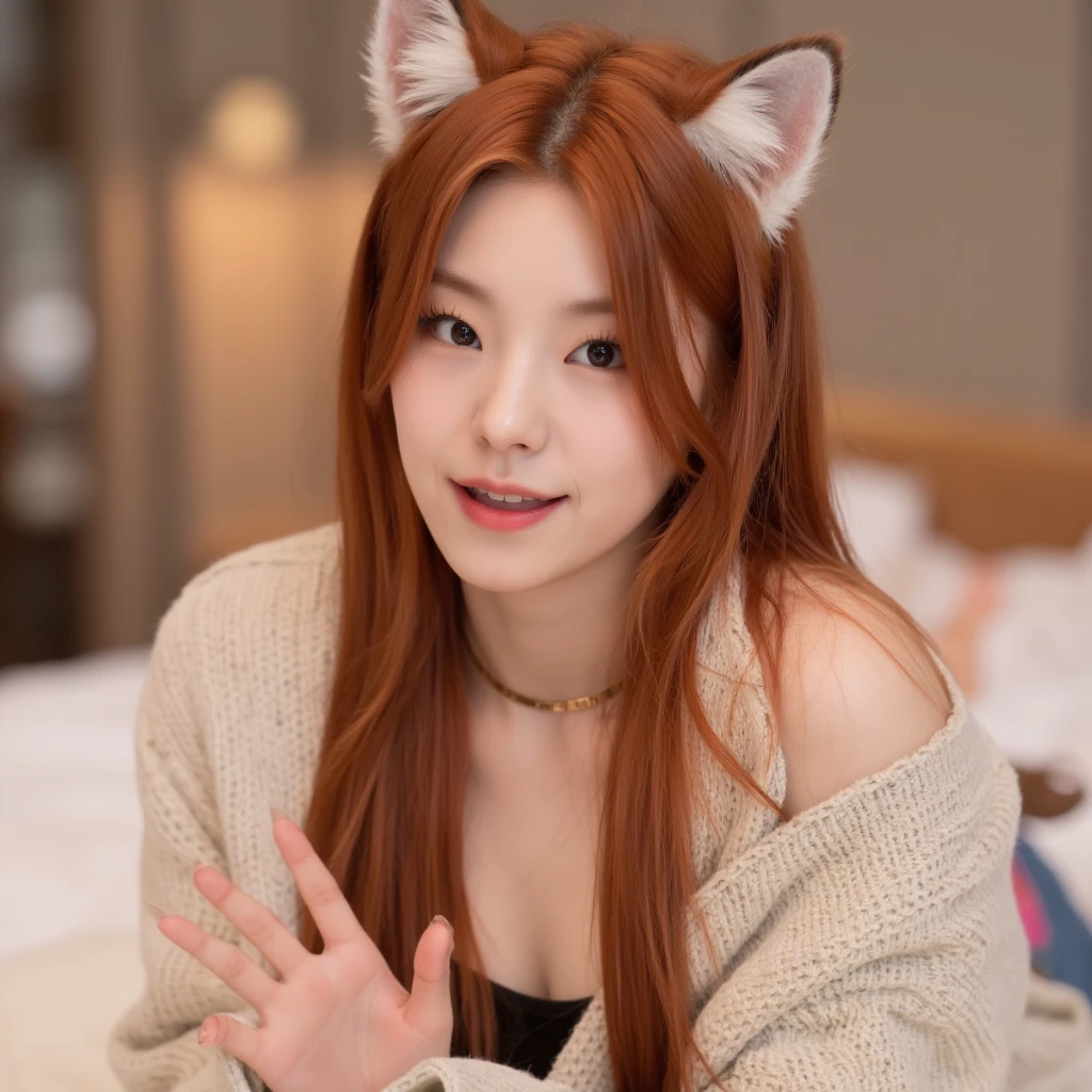 Korean woman with long red hair smiling, Cat's ears, face photo, Inside the house