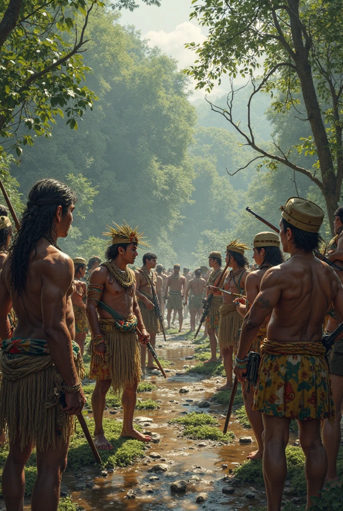 dozens of indigenous warriors in south america, in the atlantic forest with feather headdresses and spears