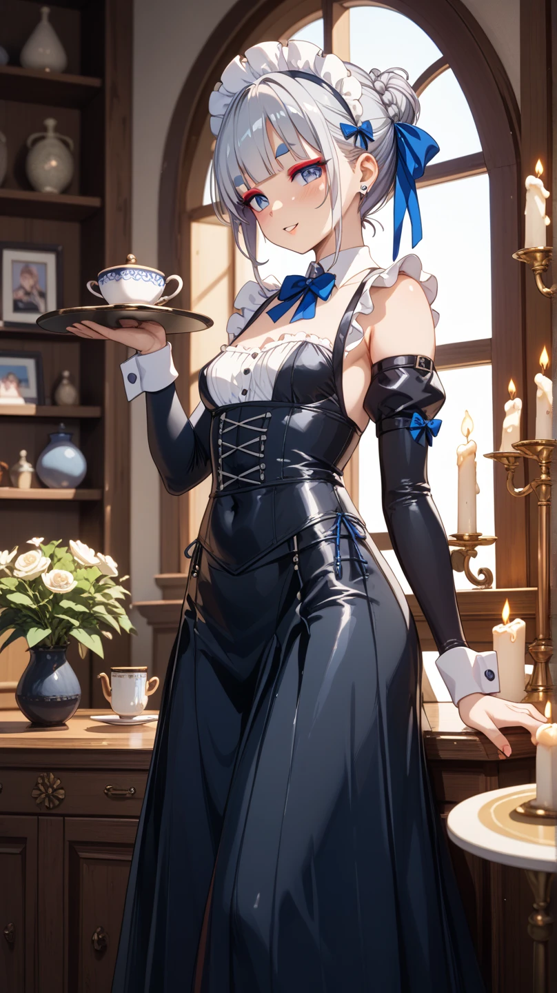 Anime girl sitting on table, maid outfit, anime girl in maid costume, Kantai collection style, gorgeous maid, Azure lane style, Azure lane video game, Kushat Krenzky art feminine, girls frontline, highly detailed official artwork, fine details. Girls Frontline, Anime Moe Art Style, Maid Dresses