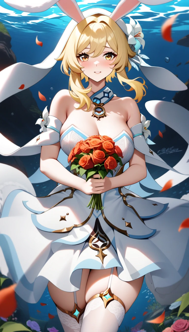 ((masterpiece,best quality)), absurdres, <lora:Beelstarmon_Digimon:0.8>, Beelstarmon_Digimon, 1girl, smile, solo, blonde hair, large breasts, red eyes, sidelocks, third eye, mask, bride, wedding dress, strapless dress, elbow gloves, holding bouquet,