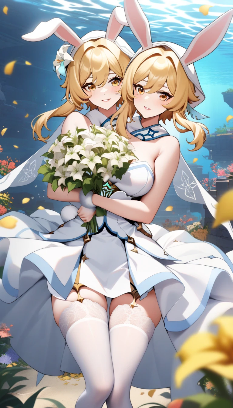 slim legs, cleavage, short skirt, navel, blue eyes, thigh high socks, stand, blonde hair, long hair, short skirt, durandal, happy, bride, garden, teen, white gown