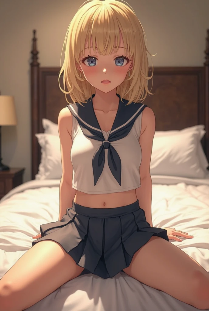 Highest quality, Anime Moe Art Style,Best Anime 8K Konachan Wallpaper,pixiv contest winners,Perfect Anatomy, (obscene,lure,Get naked,Beautiful, long legs ),break, 1 Girl, (alone,,,13 years old:1.3),high female underwear, short hair, amount, (Hair above one eye:1.7),All limbs, Full Finger,Big breasts, Between the legs, Small eyes,accurate black eyes, Hair Clip, (Sailor suit:1.5),(female underwear:1.5) skirt,bed room. break,Very detailed,High resolution,ultra high density skin, Professional Lighting,8K eye detail, (Cute illustrations:1.2),hair,Expressionless,(Hair on one eye:1.5),Sailor suitlure,Spread your legs and wait.Big breasts,female underwear,i