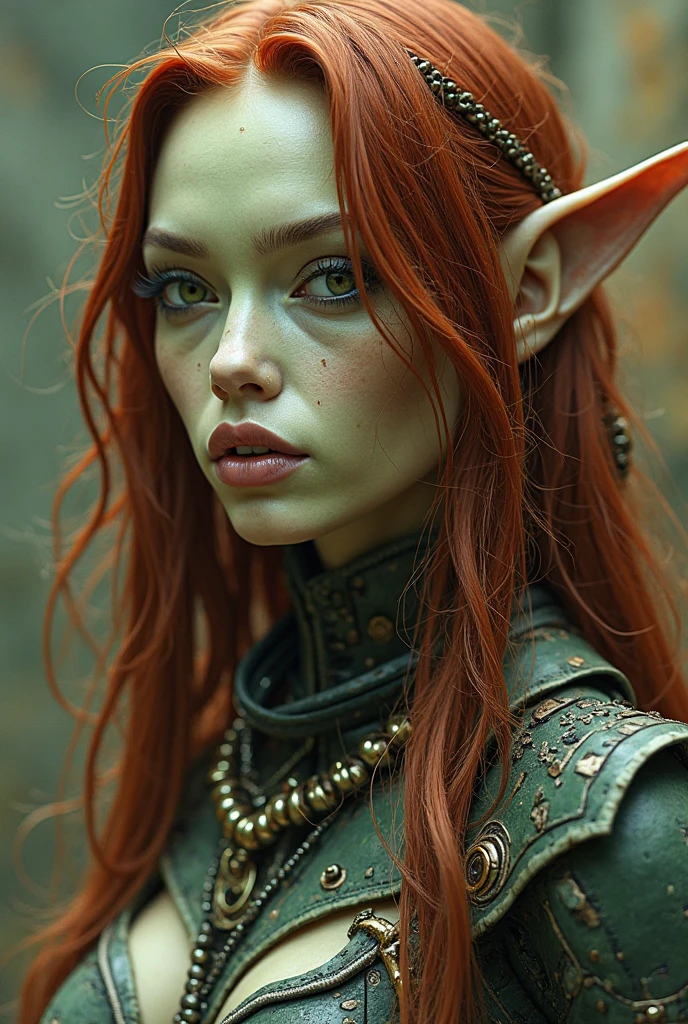 half-elf sorceress with long red straight hair, with piercing green eyes, in a gray jacket with gold embroidery, with green dragon scales on his cheeks