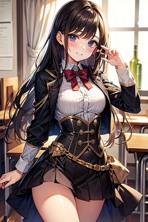 Anime beauty，JK Skirt，ssmile，blacksilk、Brown Color Hair，white knee highs、Port town alley、Colossal tits、Slender eyes、sidelong glance、amorous