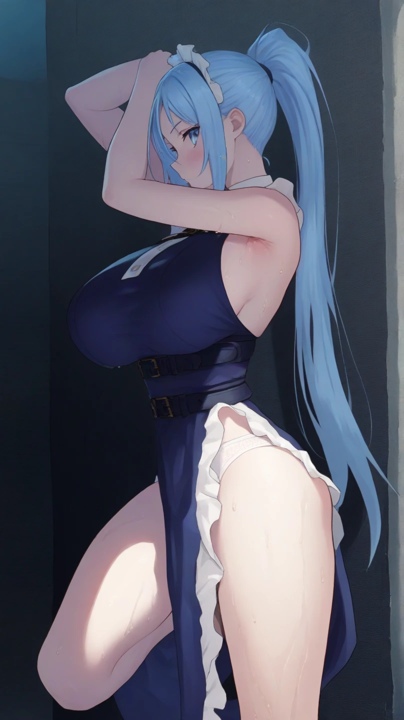 girl,((blush)),((((Backwards_return)))),(((bondage))), (((shibari))),(((gag))),she is wearing a white dress.(topless),Light blue hair