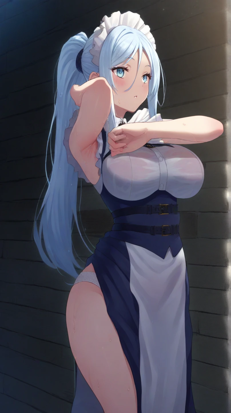 girl,((blush)),((((Backwards_return)))),(((bondage))), (((shibari))),(((gag))),she is wearing a white dress.(topless),Light blue hair