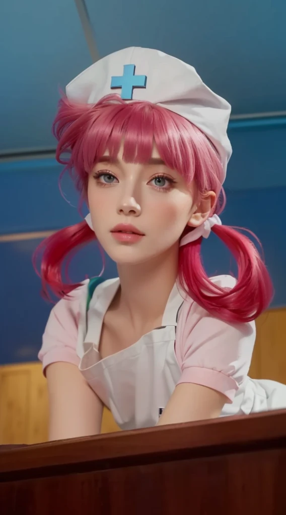 <lora:nurse_joy_v1:0.7>, (nurse joy), (hair rings), joy \(pokemon\) , joy \(pokemon\) \(cosplay\), best quality, masterpiece, illustration, (realistic, photo-realistic:1.37), amazing, finely detail, incredibly absurdres, huge filesize, ultra-detailed, highres, extremely detailed CG unity 8k wallpaper, ray tracing, nsfw, nude, 1girl, young korean girl, orgasm, blush, A cute realistic drawing of a young Korean woman with pink hair in two hair rings and bangs. She wears a white nurse's cap with a red cross, revealing an extremely large bust. She stands in a care center background. She has a slightly blushed cute expression.