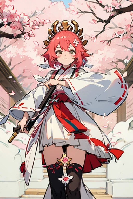 score_9, score_8_up, score_7_up, source_anime, 1girl, solo, (teen:1.5), teenager, teenager aspect, BaikenGGXL, scar on eye, scar across eye, eyepatch, red eye, pink hair, medium ponytail, small breasts, (right arm amputee), cleavage, kimono, multicolored kimono, brown sash, red rope, rope belt, bandages, standing, scared looking her arm, screaming, shaking, cowboy shot, looking down, japanese garden, cherry blossom,