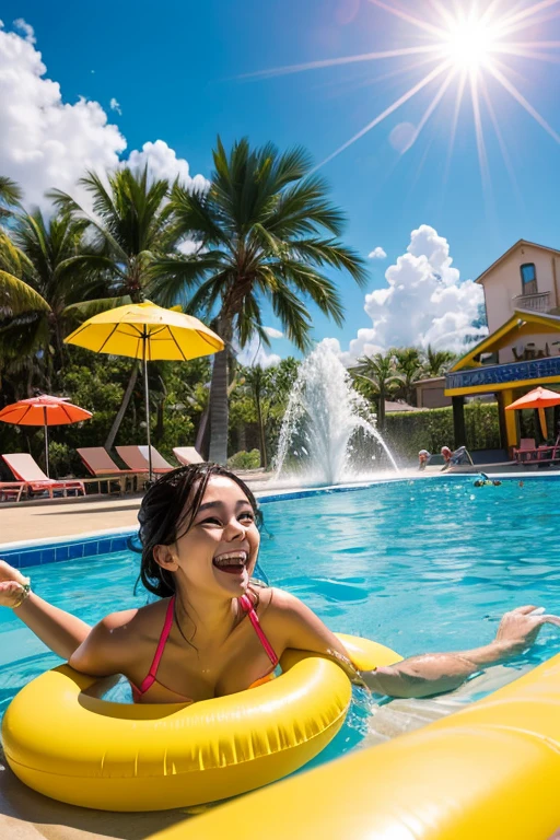(a gorgeous woman:1.1,enjoying herself,middle-aged:0.9),2girls,enjoying(playing in water:1.1,swimming, diving, splashing),blue pool water,refreshing water,clear pool water,beautiful outdoor pool,sunny day,warm sunlight,relaxing(poolside loungers,umbrellas,beach chairs:1.1,refreshing drinks,snacks),pool toys,floaties,relaxing atmosphere,laughter and joy,upstairs bedroom window view(looking down),lush garden surroundings,tropical plants,flowering trees,greenery,oasis,summer vibes,vibrant colors,wavy reflections on water,splashes of water,refreshing breeze,peaceful atmosphere,uplifting energy,friendship,connection,happiness,moments of bliss,memories created,life in motion,lively scene,pure enjoyment. (best quality,highres:1.2),ultra-detailed(realistic:1.37) illustration,photorealistic rendering,vivid hues,natural lighting effect,crisp details,immersive composition,highly-detailed faces,expressive eyes,bright smiles,smooth skin,patterned bathing suits,playful poses,carefree gestures,sparkling water droplets on skin,natural hair flow,dynamic water movements,subtle water reflections,depth of field effect. Enjoy creating your masterpiece with Stable Diffusion!