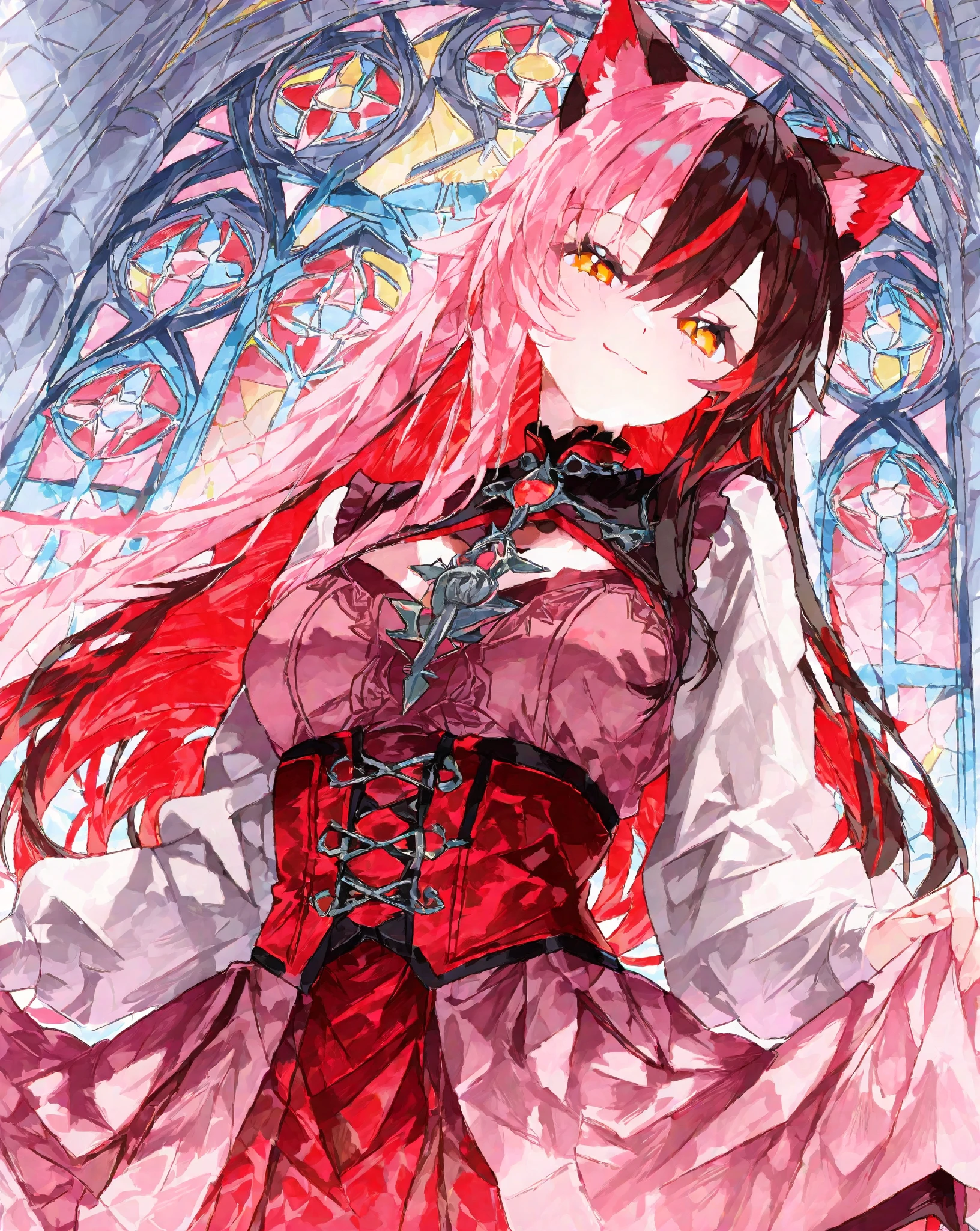 (solo, 1girl), wolf girl, long pink hair, medieval cathedral, stained glass, silhouette, wolf ears, wolf tail, dramatic lighting, red and black and white outfit, <lora:PozmkaV1:0.5>, (god rays, light rays), rimlighting, sparkle, shine, <lora:Pozemka Alt Lora:0.7>, pink eyes, (tail), (masterpiece:1.2, best quality:1.2), ((masterpiece)), (((best quality))), ((ultra-detailed)), ((illustration)), anatomy