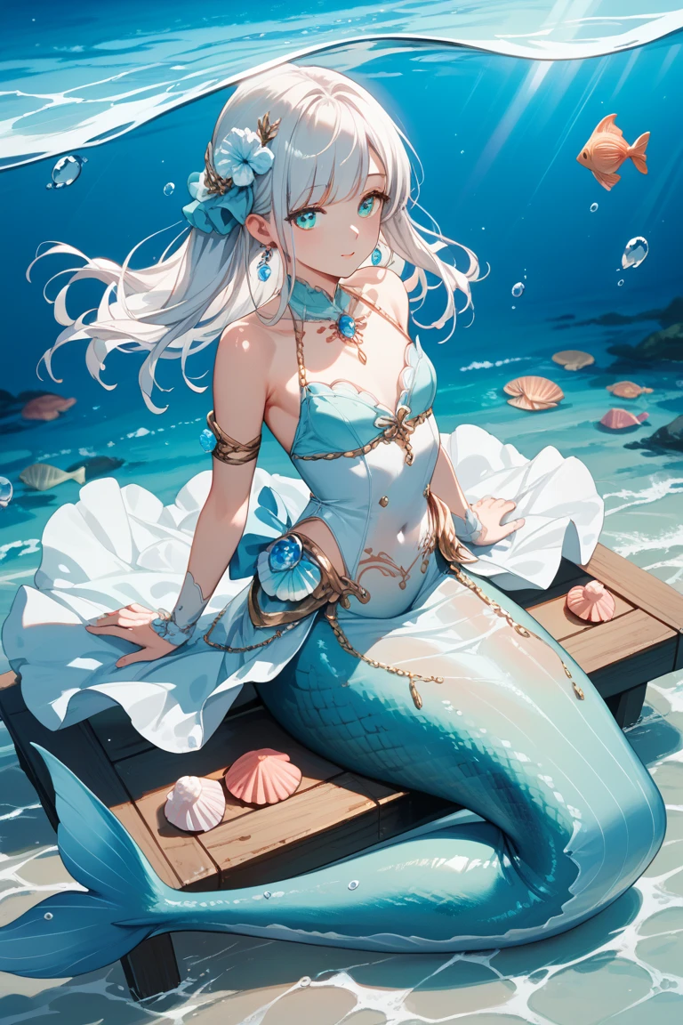 masterpiece, highest quality, shape, eyes and hair like jade, platinum earrings, platinum necklace, Sea, The Little Mermaid, cute, (dynamic lighting:1.2), cinematic lighting, delicate features, fine eyes, sharp pupils, realistic student, written boundary depth, Bokeh, sharp focus, (very detailed, bloom, shine:1.4), lots of little gems