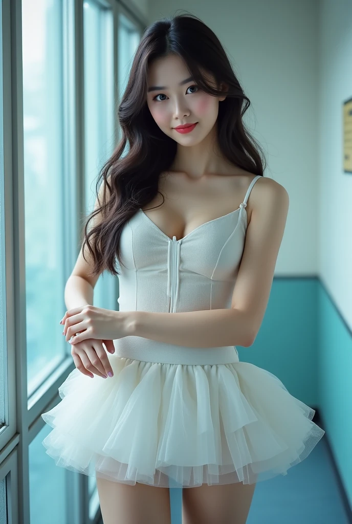 a gyaru woman, dark skin, looking at viewer, big tits, blonde, smoky eyes, big smile, asian, eyeliner, , tie, mascara, Classical ballet leotard、Full body portrait、White knee socks、toe shoes、Ballet Studio、Super big 、Nipple erection、Naughty smile