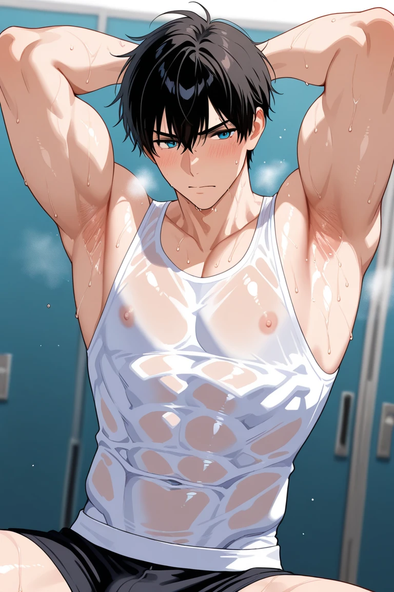 Sixpack anime guy in black tanktop, arms up, sweaty armpits