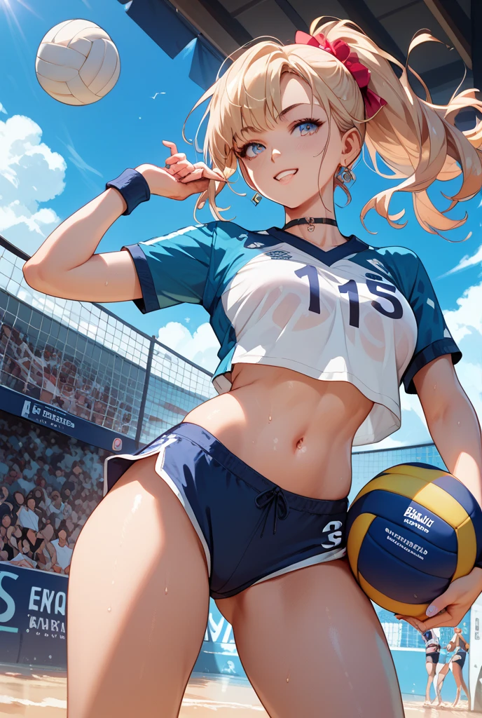 A woman with silver bob hair and blue eyes, (She is looking down), extremely detailed and realistic, masterpiece quality, ultra-detailed, HDR, vivid colors, physically-based rendering, thick thighs, (scornful grin),  long thick muscular thighs, volley ball player, volley ball wear
