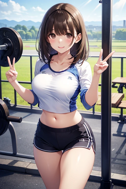 beautiful hair, beautiful face, perfect fingertips 、 PERFECT FIVE FINGERS 、 Attention to beautiful details, beautiful collarbone, beautiful body, beautiful breasts , Beautiful Thighs, Beautiful Legs With Tails, beautiful fingers ,
( no sleeve cropped Gym clothes,belly button、 short pants:1.5,),
( beautiful scenery ), evening, Gym, Peace sign, (pretty smile, Upward gaze ), , , 、,..
,( masterpiece, best quality, high resolution, ultra high resolution, pixel perfect, depth of field, 4K, RTTX10.0),
、Anegasaki Nene, shiny brown hair, beautiful brown eyes, smiling face, sparkling pupils, (fine grain), , highly detailed face,, (masterpiece:1.2, best quality), ((only1 girl)), ((cowboy shot))