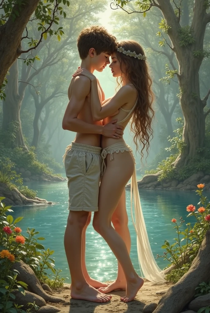 Loving couple in a skyscape, Young dark skinned couple in their 20s, At the Lake,Naked man and naked woman, He is a divine prince with long curly brown hair, She is a mixed race blonde princess with grey eyes., whole body, 8K, Very detailed, high quality, (Realistic:1.37), whole body, Ideal proportions and firm skin, Features with attention to detail, Unreachable beauty, perfection, Breathtaking elegance, g-curve, A goddess-like figure, Divine Symmetry, artistic masterpieces, Vivid realism, Very detailed carving, A creature-like shape, Truly awe-inspiring, perfectionな職人技, Pure brilliance, Heavenly Beauty, Delicate contours, Impressive pose, Sublime Beauty, Nuances, Dynamic configuration, Vibrant colors, perfectionな照明, Heartfelt Expressions, Celestial Aura, A commanding presence, Dreamy atmosphere, Unparalleled detailed octane renderings trending on Artstation, 8K Art Photography, Realistic concept art, 柔らかく自然なボリュームのある映画のようなperfectionな光, Chiaroscuro, Award-winning photo, masterpiece, perfectionな構成, Extremely detailed and intricately beautiful