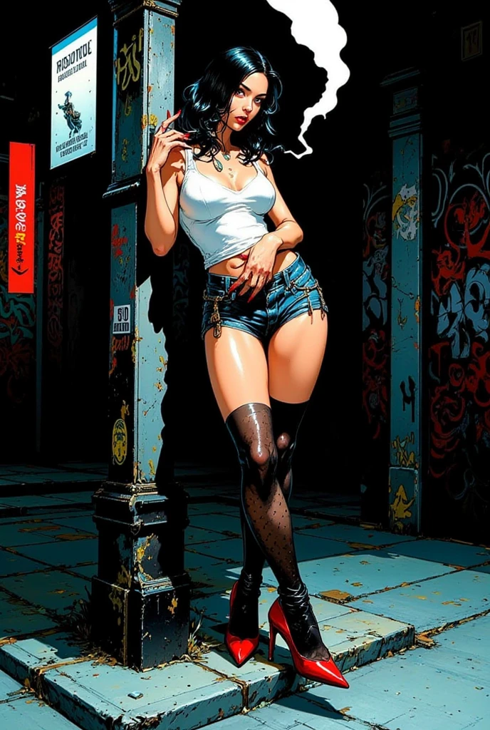 Imogen Poots bold, seductive, pointed breasts, black lipstick, sweaty body, open jacket, short and torn black shorts, black boot, big black hair with white lock, thick legs, backpack, attractive. (dawn, old and abandoned place at night, night effect, city destroyed at night). (masterpiece, seducing, depth of field, Full HD, 4K, 100mm lens, richness of detail). Film style
