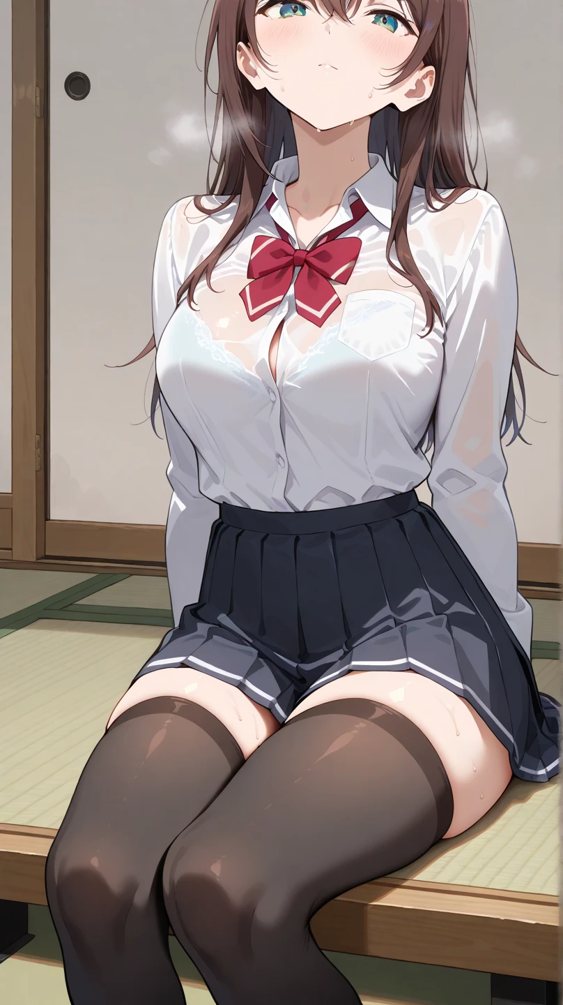 Classroom,school,nightBREAK looking at viewer, BREAK (masterpiece:1.2), best quality, high resolution, unity 8k wallpaper, (illustration:0.8), (beautiful detailed eyes:1.6), extremely detailed face, perfect lighting, extremely detailed CG, (perfect hands, perfect anatomy),Miku Nakano, Miku Nakano Chick III, Long Hair, Bangs, Blue Eyes, Brown hair, Hair between the eyes,medium Breasts,, white blouse,blue skirt,cleavege,neckline,black choker,red sstockings, full body,sit on table,spread legs,Thin legs,angry face,red panties,wet panties,lace panties,student uniform,from below,nipples see through,