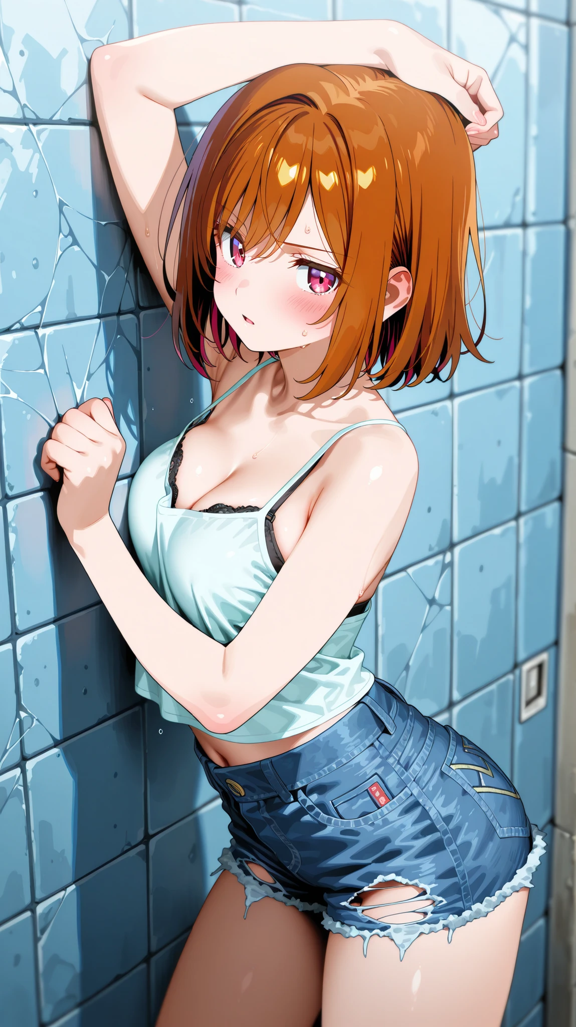 A Female mature robot exposes her inside mechanical organ. she wears white one-piece. Her Brown very short pigtails is tied with two big red clothespins, masterpiece, mature, android, blue eyes, full body, Height: 160cm, flushed cheeks, Uplifting, No NSFW, whole body, barefoot, archaic smile, getting orgasm, sweat bucket.  full body shot, floating hair, looking straight. multiple girls.   robot made of naked equipment, Japanese 2000's animation style. A middle-aged android with blue eyes. Her brown short pigtails are very short and tied with two big red clothespins. She has archaic smile. She is still under construction. She wears short pale ware. She can do a handstand. She looks over heated. her legs up.