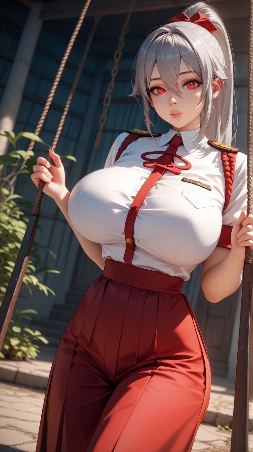 score_9, score_8_up, score_7_up, score_6_up, uncensored, OotsutsukiKaguyaER, pale skin, long hair, silver hair, third eye, horns, grey eyes, BREAK detailed eyes, (perfect hands, perfect anatomy), 3D, cinematic, Sharp focus, humorous illustration, big depth of field, Masterpiece, concept art, trending on artstation, Vivid colors, Simplified style, trending on ArtStation, trending on CGSociety, Intricate, Vibrant colors, Soft Shading, Simplistic Features, Sharp Angles, Playful, excessive sweating, sweating profusely, sweating drop BREAK, ruanyi0037, crop top, long sleeves, serafuku, white slingshot swimsuit, thigh strap, white thighhighs, underboob, white beret, red sailor collar, red bowtie BREAK, 1girl, chain-link fence, fence, breasts, solo, thighhighs, flower, looking at viewer, large breasts, blurry, outdoors, blurry background, open mouth, earrings, lips, parted lips, sunset, large breasts, cowboy shot, half-closed eyes, no pupils, drooling, blush face, horny face, gasping, heavy breathing, shivering, breast press,