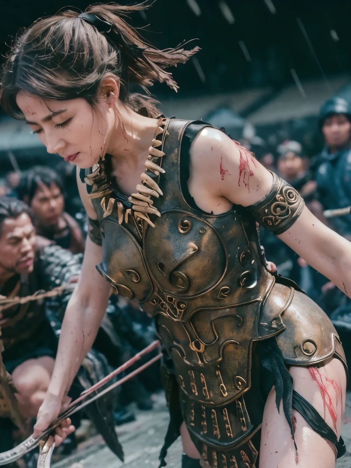 A large bow and arrow are piercing her body, Cry of Pain, Closed Eyes, masterpiece, high definition, scratch, Torn, scratchだらけ, , dirt, wet, It's raining heavily , Clothes are torn 、I can see his chest and nipples , old clothes, panties with DECOR , 打撲scratch,