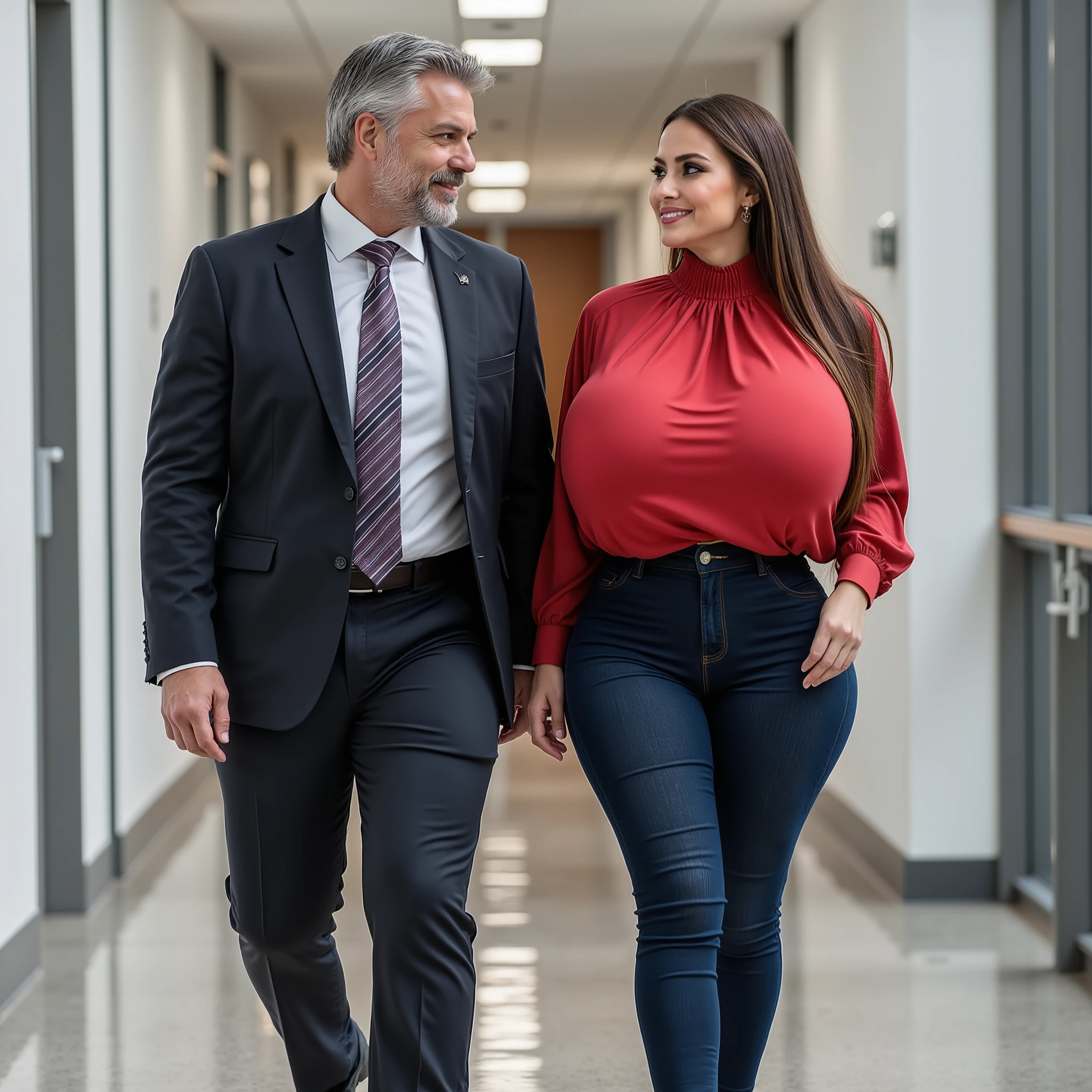 a very attractive 50yo business woman, juicy saggy breasts, low hanging breasts, braless, macromastia, wide hips, strong big thighs, medium belly, very long beautiful open hair, correct and conservative business attire, silky red high-necked and oversized business blouse, walking along the corridor in the office besides her male boss. They are chatting in a friendly and professional manner.