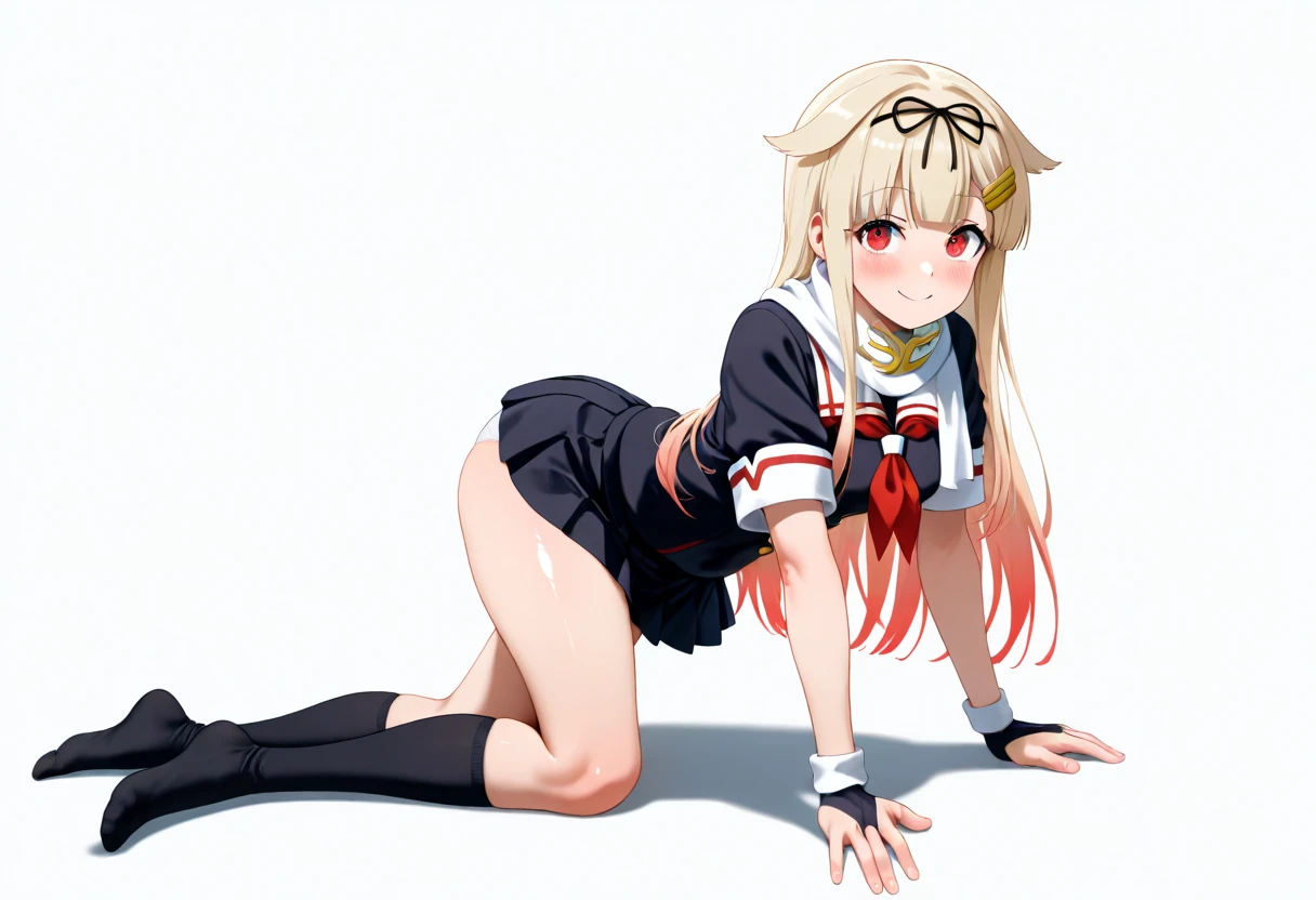 1girl, solo, kanadeyj, long hair, one side up, hair ribbon, hair ornament, ahoge, red eyes, neck ribbon, red ribbon, brown dress, white jacket, open clothes, long sleeves, thigh strap, black thighhighs, jack-o' challenge, top-down bottom up <lora:jackopose:1> <lora:otonose_kanade:0.7>
