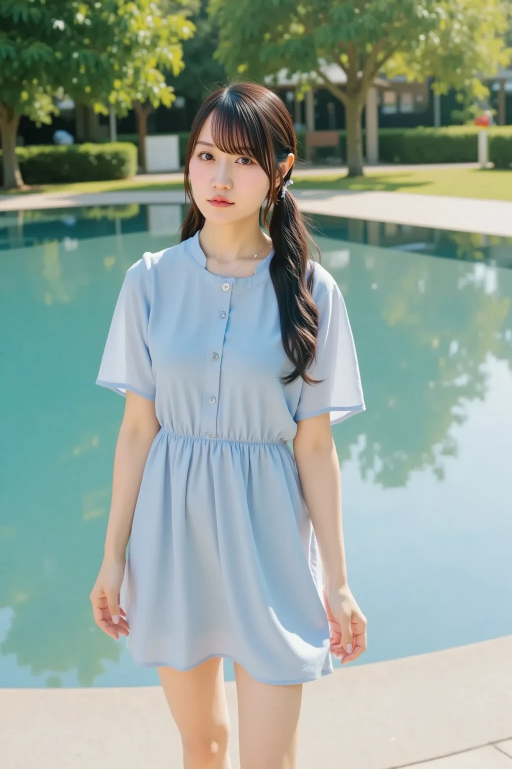 Japanese female, (underweight), (flat chest best quality:1.5), (cheerful grin:1.3),
apparel store, delightful, walking, long hair, (dress, polka dot cloth, white Clothes,), (cleavage:1.1), light atmosphere, full body shot, low angle shot
