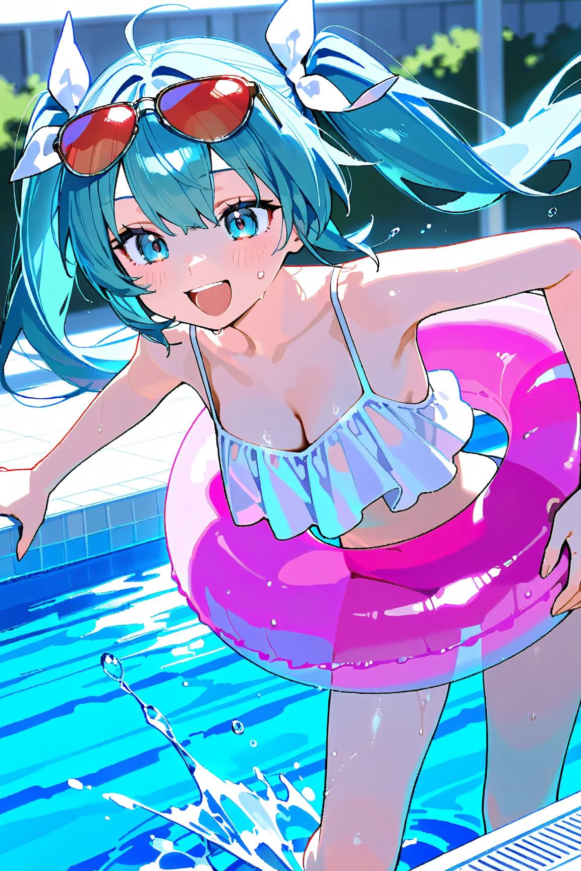 Masterpiece, Best Quality, extremely detailed, cheered up, girl,night pool,high waist bikini,SMILE,:d,action,ass focus