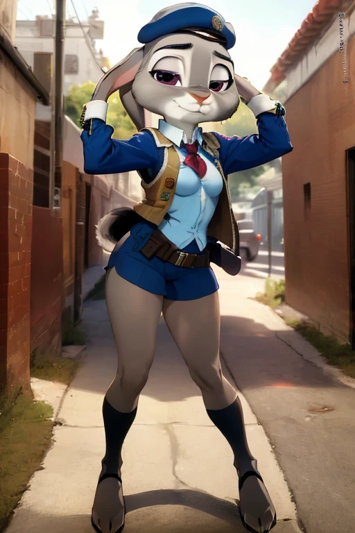 copyright , Zootopia, a full body girl, judy hopps, Easter themed, brown hair, ojos rojos, extended year,
, looking up, looking at the viewer, Military beret, knitted vest, Wearing a playboy wallet