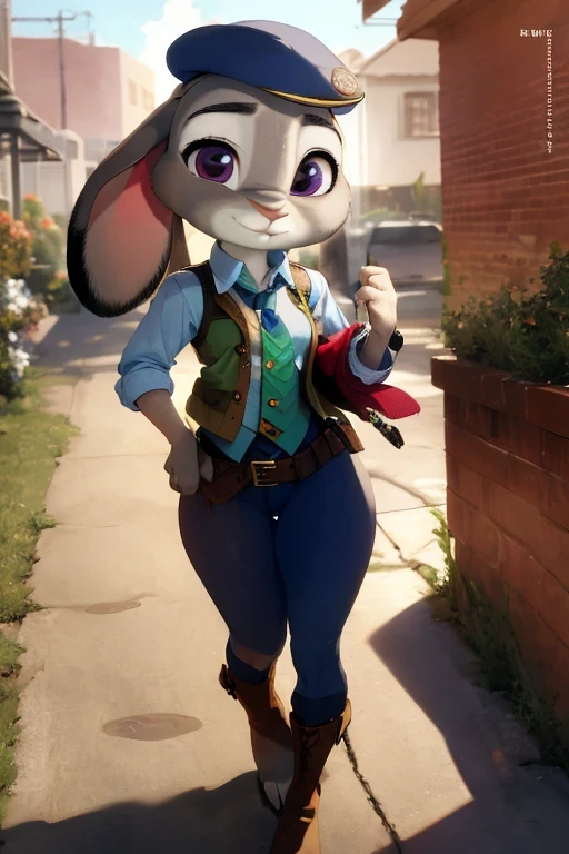 copyright , Zootopia, a full body girl, judy hopps, Easter themed, brown hair, ojos rojos, extended year,
, looking up, looking at the viewer, Military beret, knitted vest, Wearing a playboy wallet