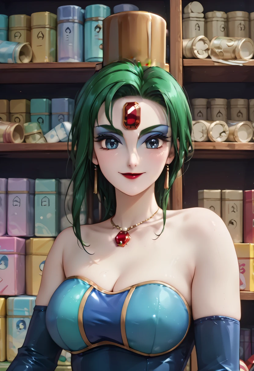 (masterpiece,best quality,ultra-delicate,Perfect Face,16k,high resolution,very beautiful woman), Atsugessho:1.3,  upper body shot,deep green hair,blue latex bodycon dress, long latex gloves, green tights, ((large breasts)), gold headpiece, pale blue skin, red gem on forehead, pink mist, ((cosmetics counter)), holding large red ball on rope, necklace, smirk, (extremely glossy)