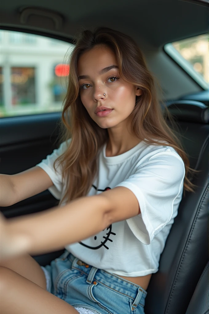 cute girl, dark hair, sitting in mercedes, wearing shorts, india