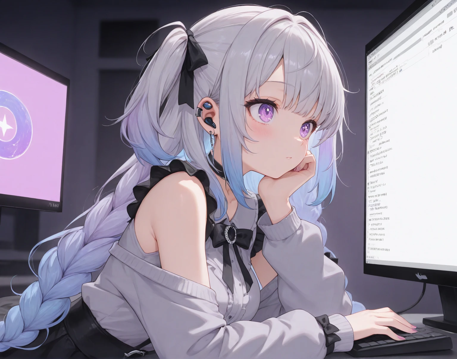 Computer screen，earphone，One girl is Jirai Kei (fashion)/landmine style/Jirai Kei Landmine Type,  masterpiece, high resolution, precise、Color，Jump out of the screen，Creative，There is a sense of impact