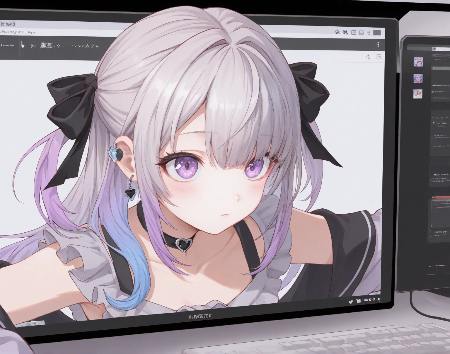 Computer screen，earphone，One girl is Jirai Kei (fashion)/landmine style/Jirai Kei Landmine Type,  masterpiece, high resolution, precise、Color，Jump out of the screen，Creative，There is a sense of impact