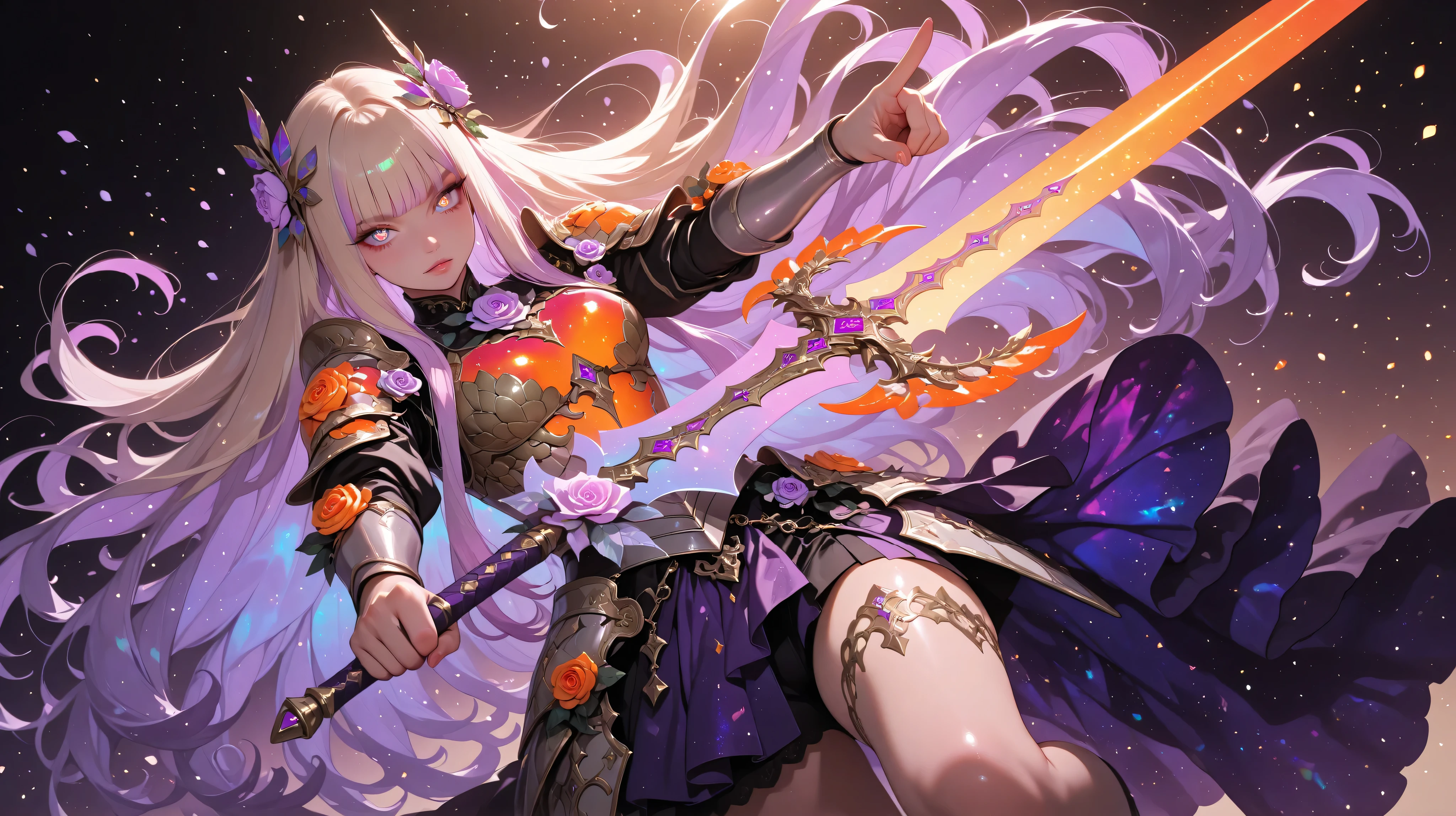 Girl, rose flower armor, intricate armor, intricate swords, glowing sword, gloss, glow, shine, pink color, orange color, violet color, lilac color, purple color, iridescence, pointing sword to viewer, ornater hair ornaments, extra long hair, beige color hair, glossy hair, asymmetrical skirts, armored skirts, rose flower sword, dynamic pose, dynamic angle, dynamic movements, dynamic lighting, dynamic composition, view from below