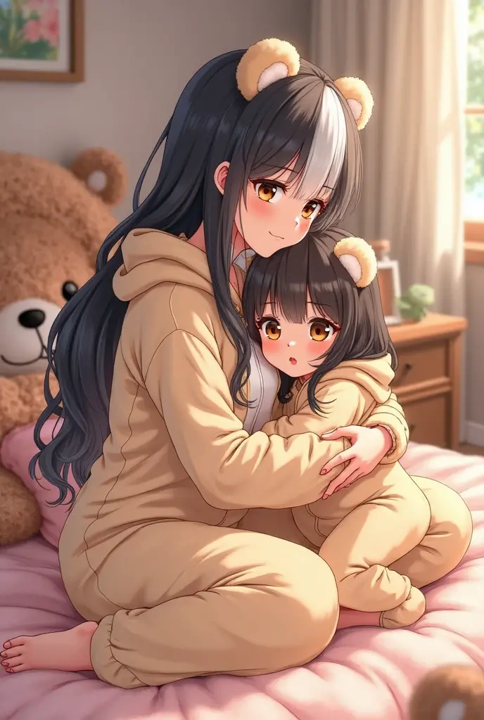 mother and daughter, sitting on the bed,random pose, beautiful body,  beautiful face,big :86 centimeters ,cup  G ,anime art,Red pajamas, masterpiece,High Quality,smiley face 